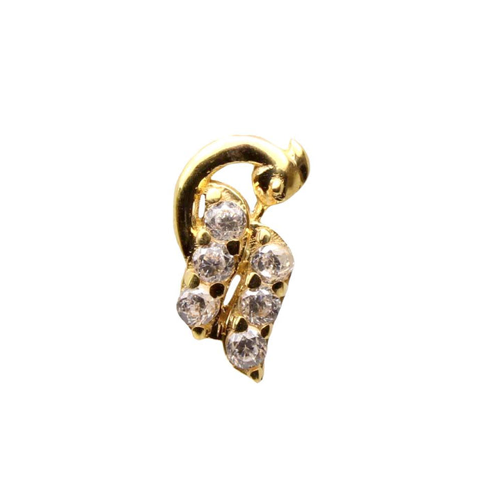 Indian Peacock Style 14k Real Gold CZ Corkscrew Nose Stud 24g