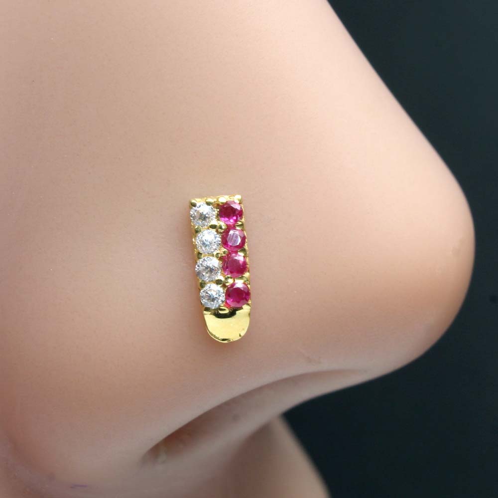 Asian Vertical Style 14k Real Gold CZ Twisted Nose Stud 24g