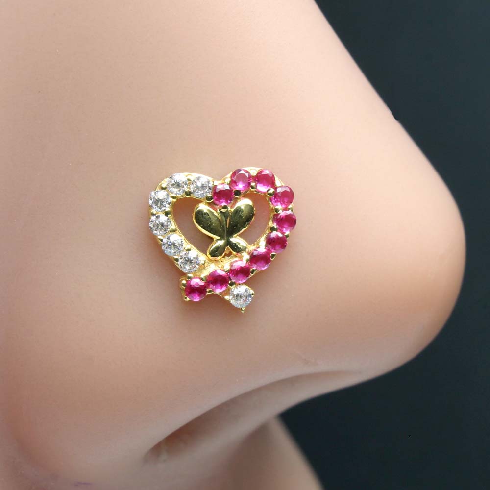 14K Real Gold Pink White Cute Heart CZ Twisted Nose Stud 24g