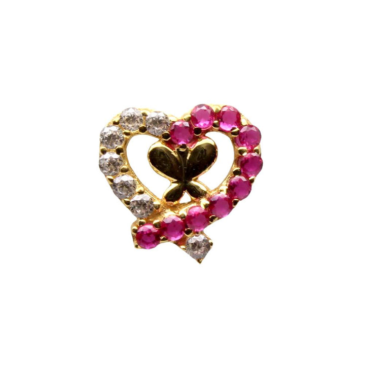 14K Real Gold Pink White Cute Heart CZ Twisted Nose Stud 24g