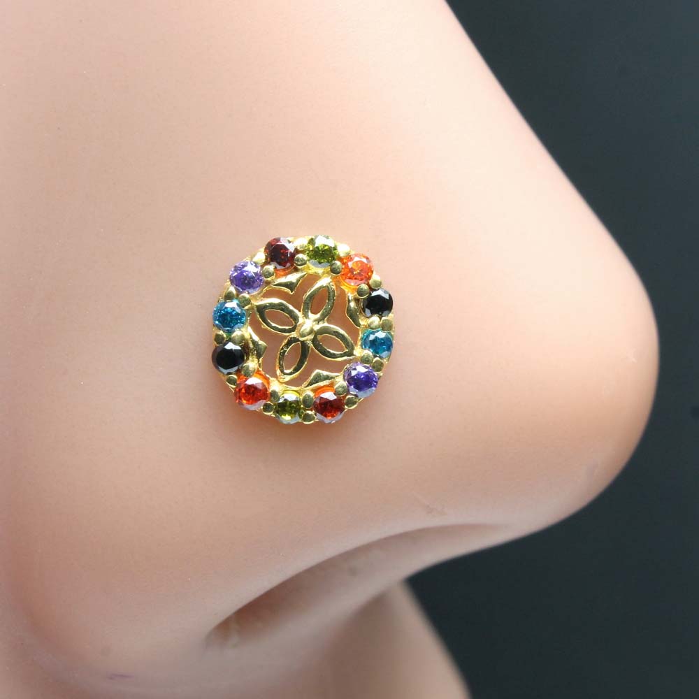 Wheel Style 14K Real Gold Multi CZ Twisted Nose Stud 24g