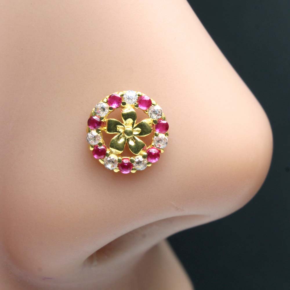 Wheel Style 14K Real Gold Pink White CZ Twisted  Nose Stud 24g