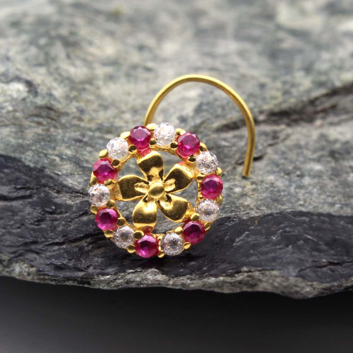 Wheel Style 14K Real Gold Pink White CZ Twisted  Nose Stud 24g