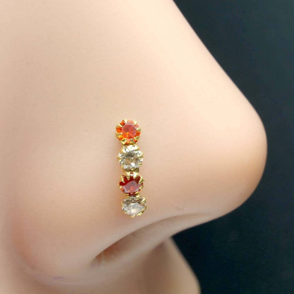 Asian Style 14K Real Gold Nose stud CZ nose ring Push Pin