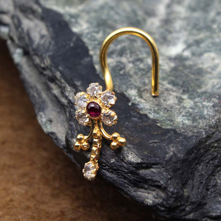 Gold Plated Indian Nose Stud Pink White CZ Twisted nose ring 20g