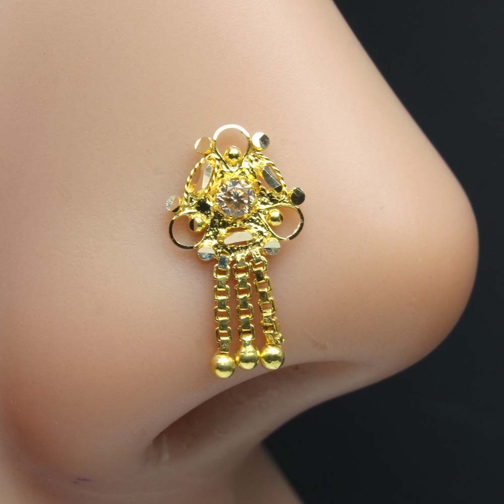 Asian Dangle Style 18k Real Gold CZ Twisted Nose Stud 24g