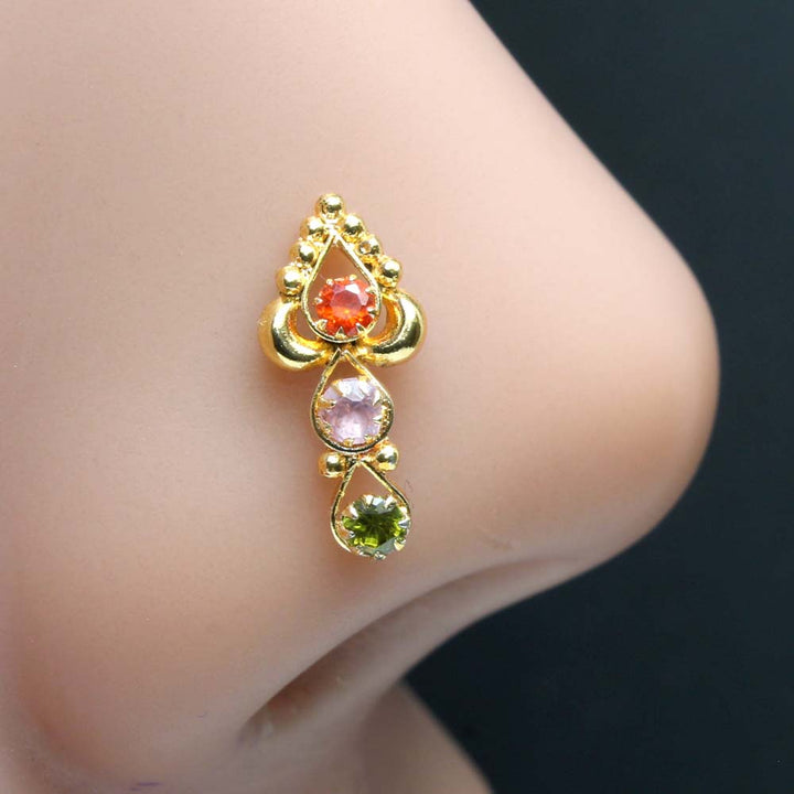 Cute Dangle Women Style Indian Nose stud White CZ gold plated Nose ring 20g