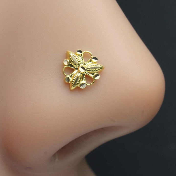 Indian Floral Style 18k Real Solid Gold Twisted Nose Stud 24g