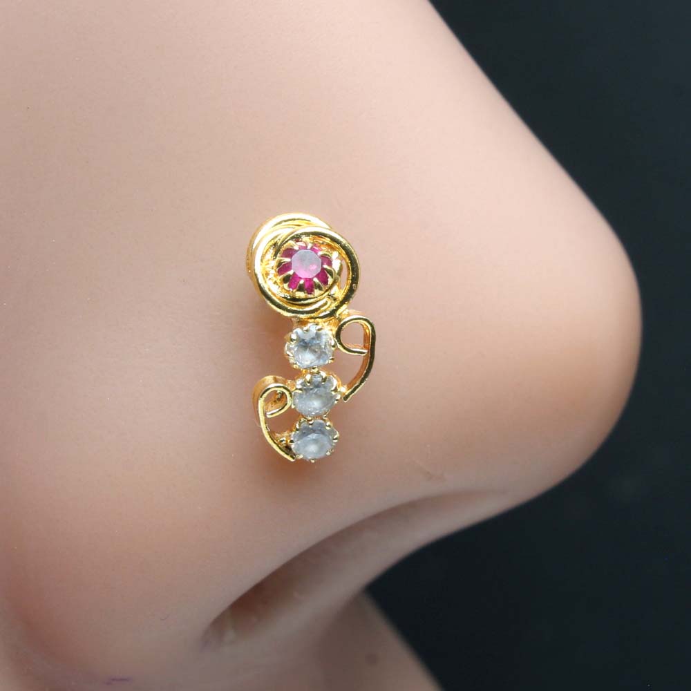 Gold Plated Indian Nose Stud CZ corkscrew piercing nose ring 20g