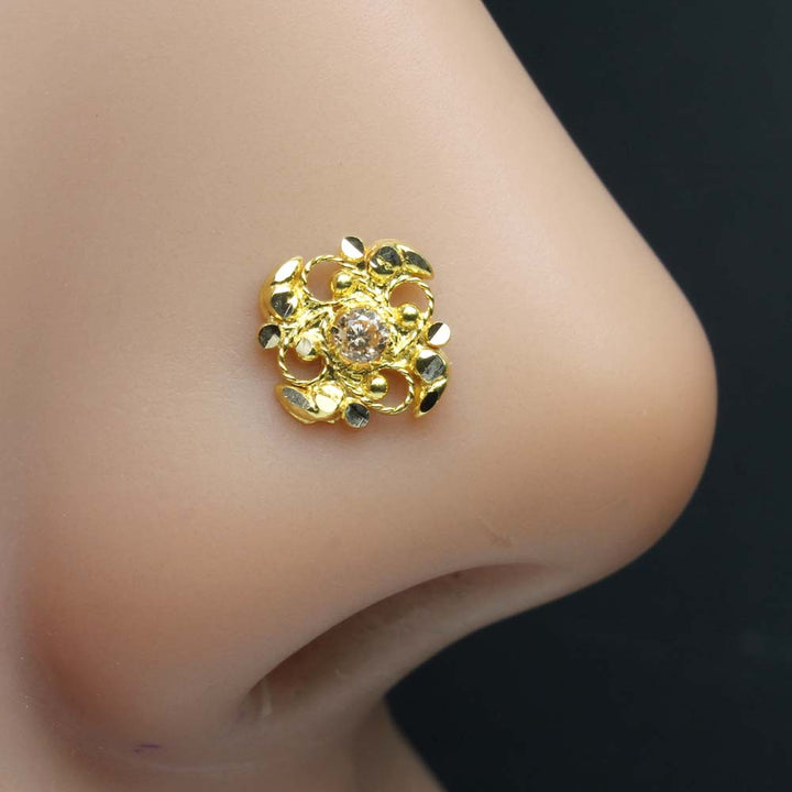Cute Square Style 18k Pure Solid Gold White CZ Twisted Nose Stud 24g