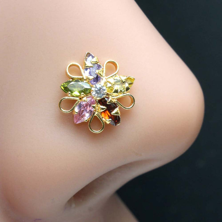 Floral Gold Plated Indian Nose Studs Multi CZ Twisted nose ring 20g