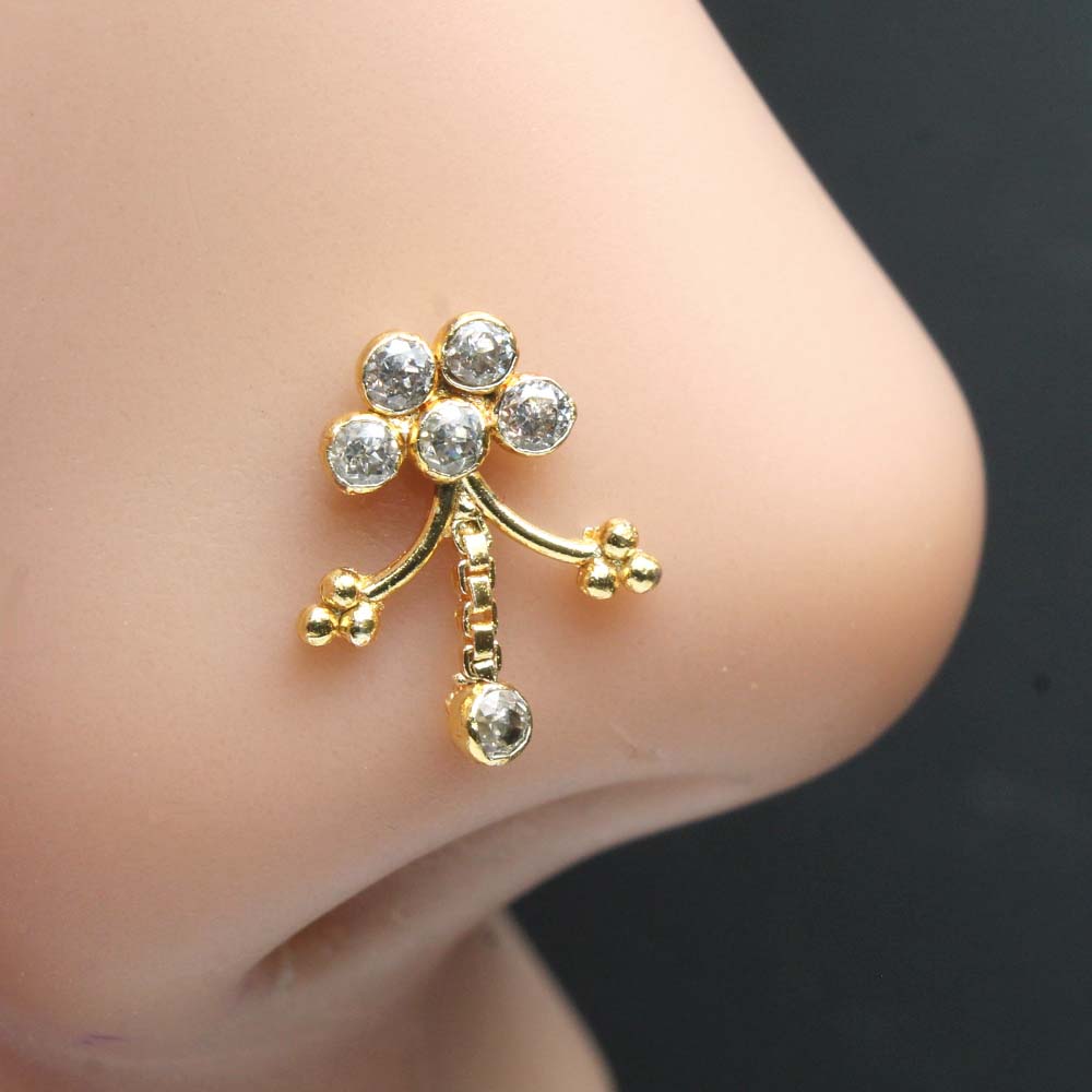 Cute Gold Plated Indian Nose Stud CZ corkscrew nose ring