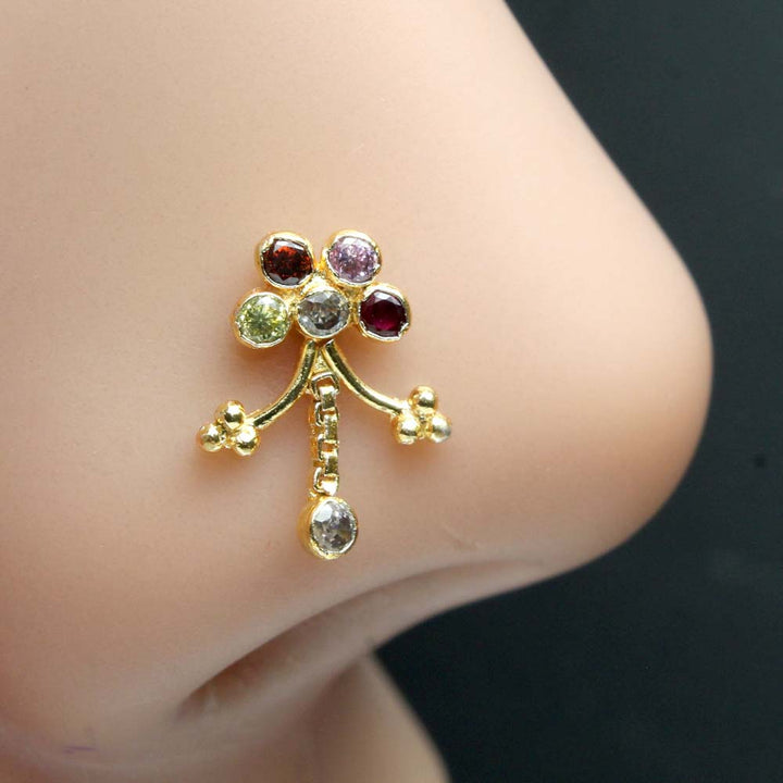 Indian Gold Plated Nose Stud Multi CZ Twisted nose ring