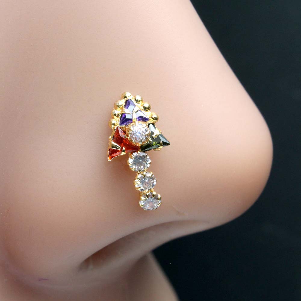 Indian Vertical Women Gold Plated Nose Stud Multi CZ Twisted nose ring