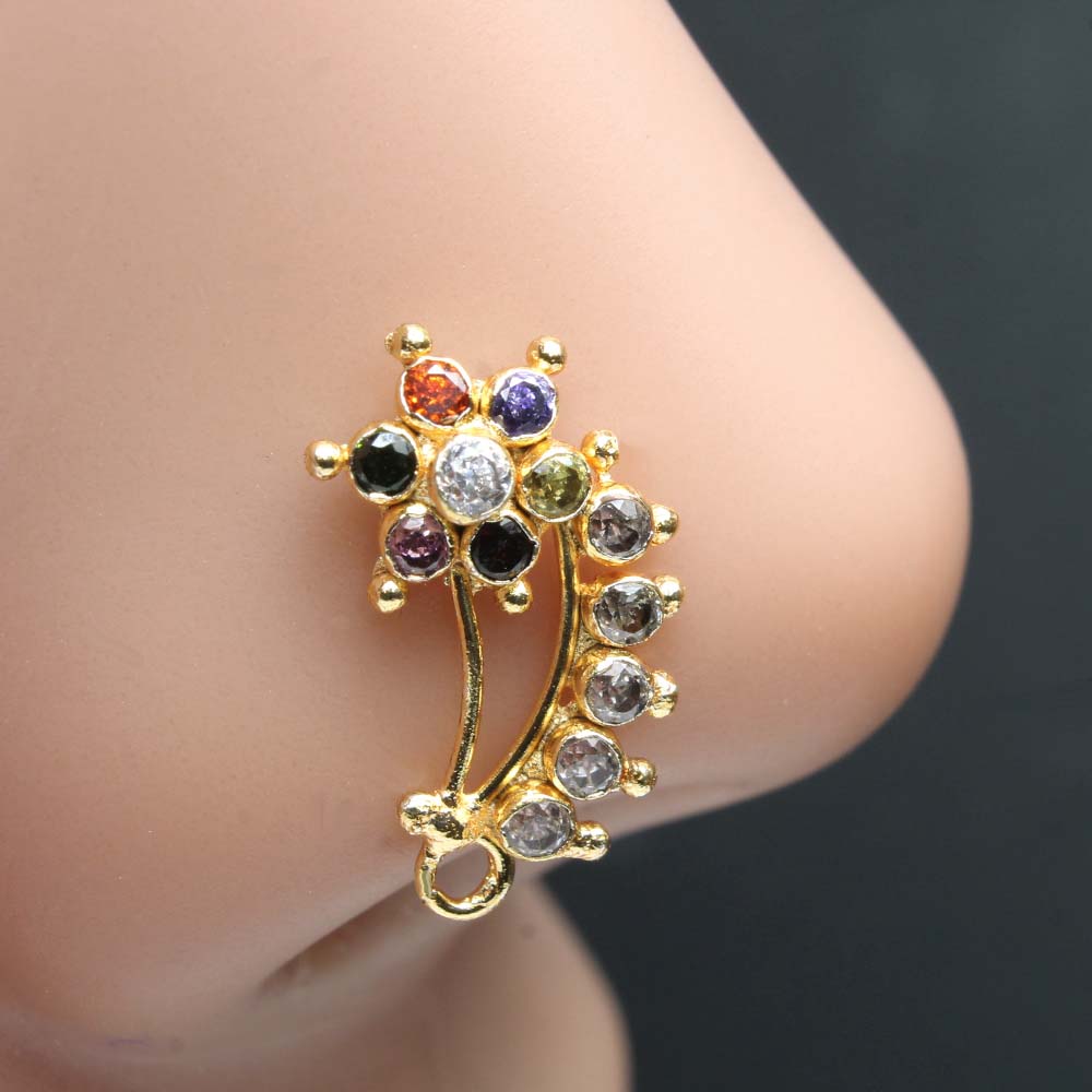 Big Indian Women Gold Plated Nose Stud CZ Twisted nose ring 22g