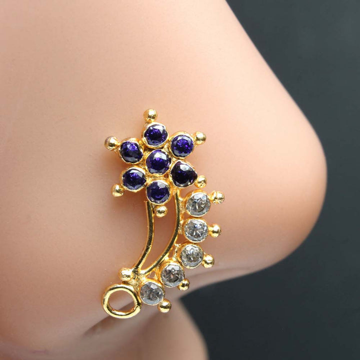Big Statement Indian Women Gold Plated Nose Stud CZ Twisted nose ring 22g
