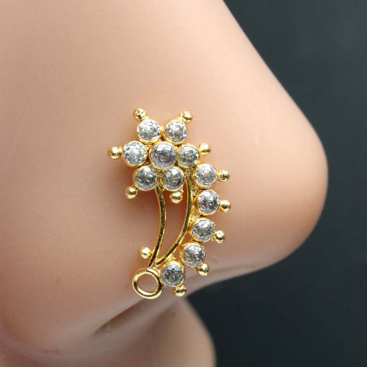 Big Vertical Women Gold Plated Nose Stud White CZ Twisted nose ring