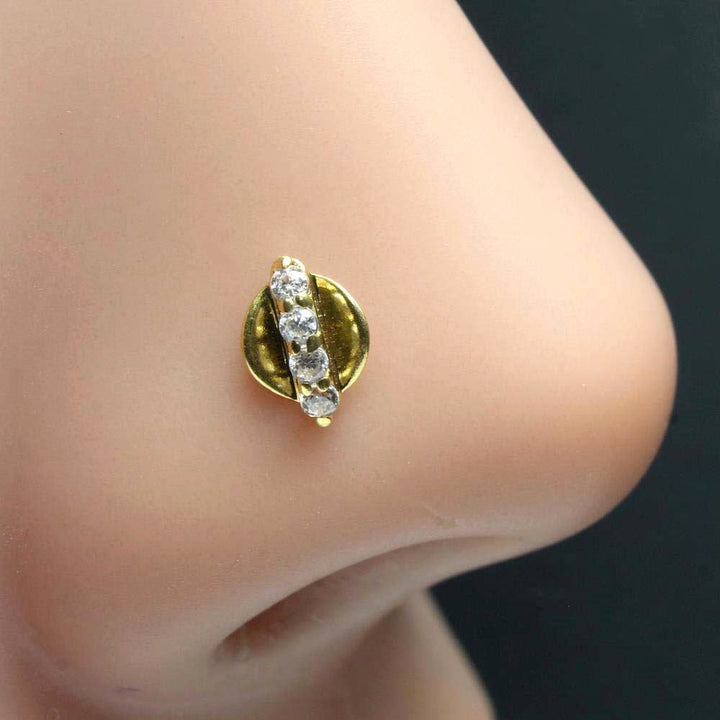 Unique Style 14K Real Gold Nose stud White CZ Indian nose ring Push Pin