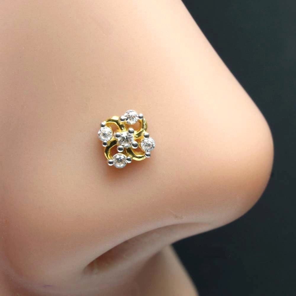 Cute 14K Real Gold Nose stud White CZ Indian nose ring Push Pin