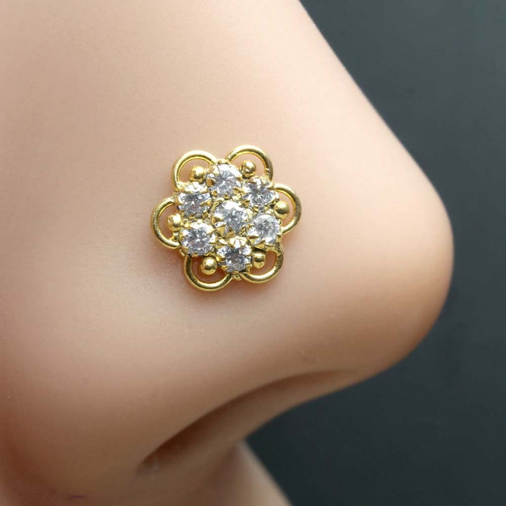 Cute Indian Floral Gold Plated Nose Stud CZ Twisted nose ring 24g