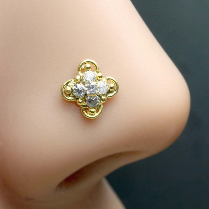 Floral Style Gold Plated Square Nose Stud CZ Corkscrew nose ring 24g