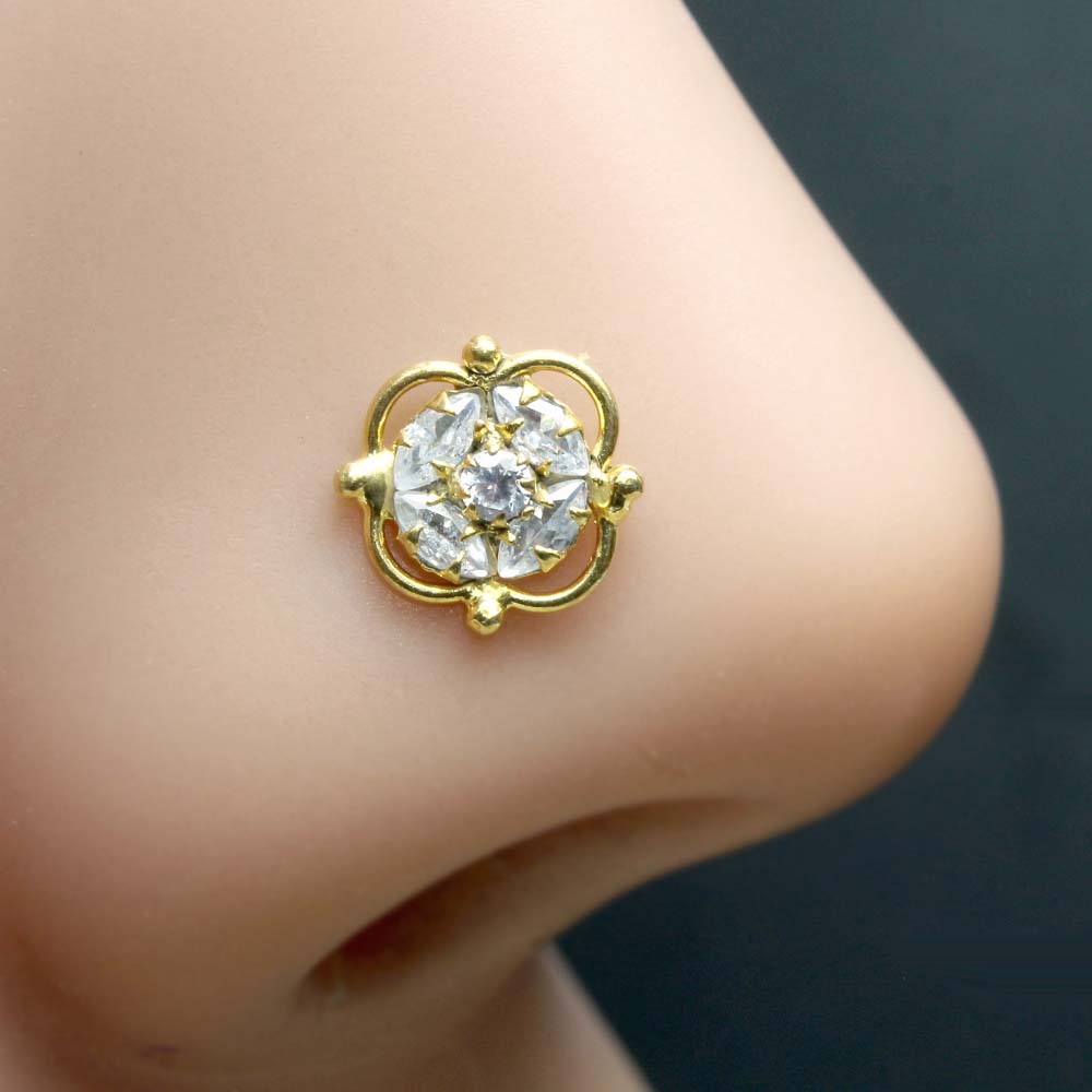 Cute Floral Gold Plated Nose Stud White CZ Twisted nose ring