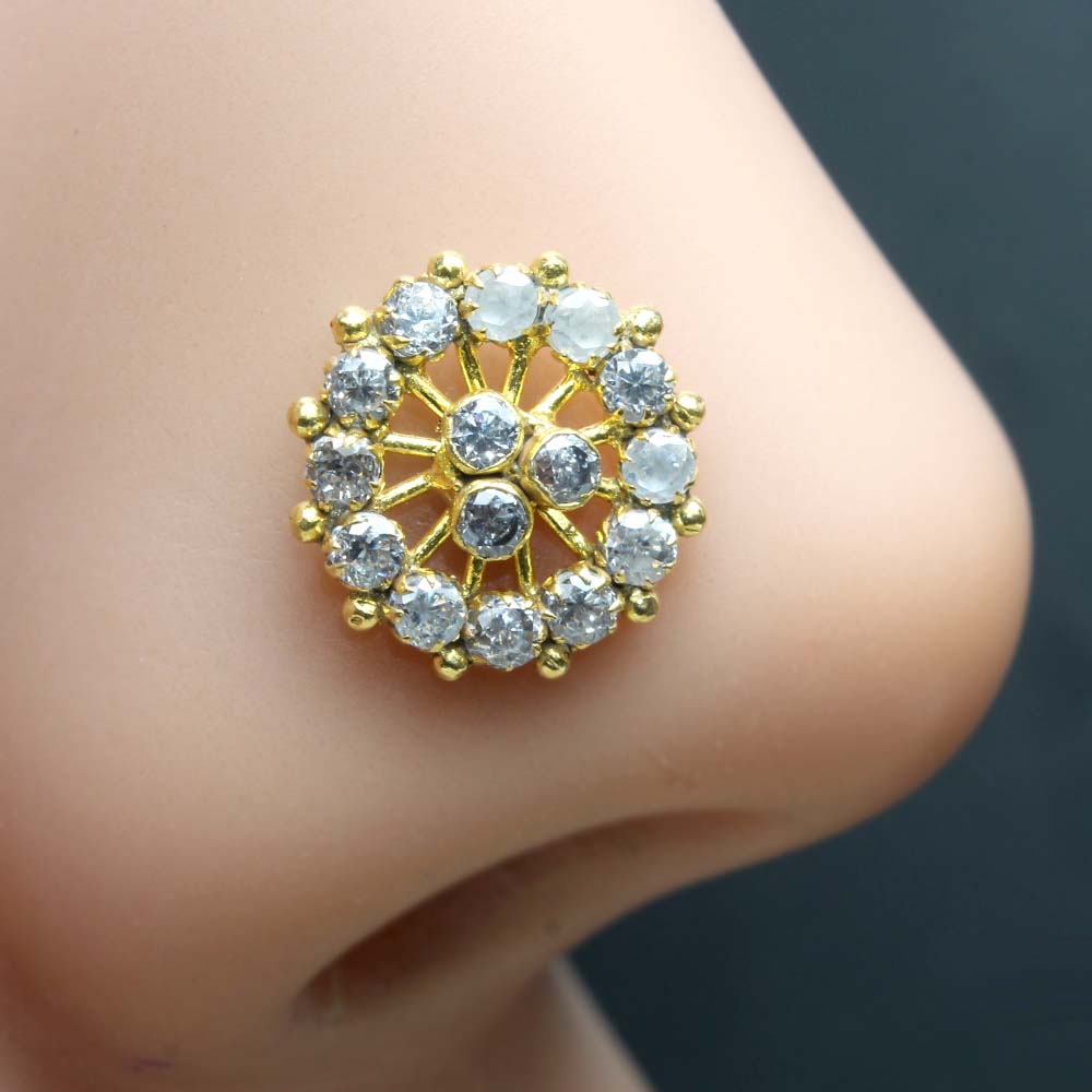 Wheel Style Gold Plated Nose Stud White CZ Twisted nose ring