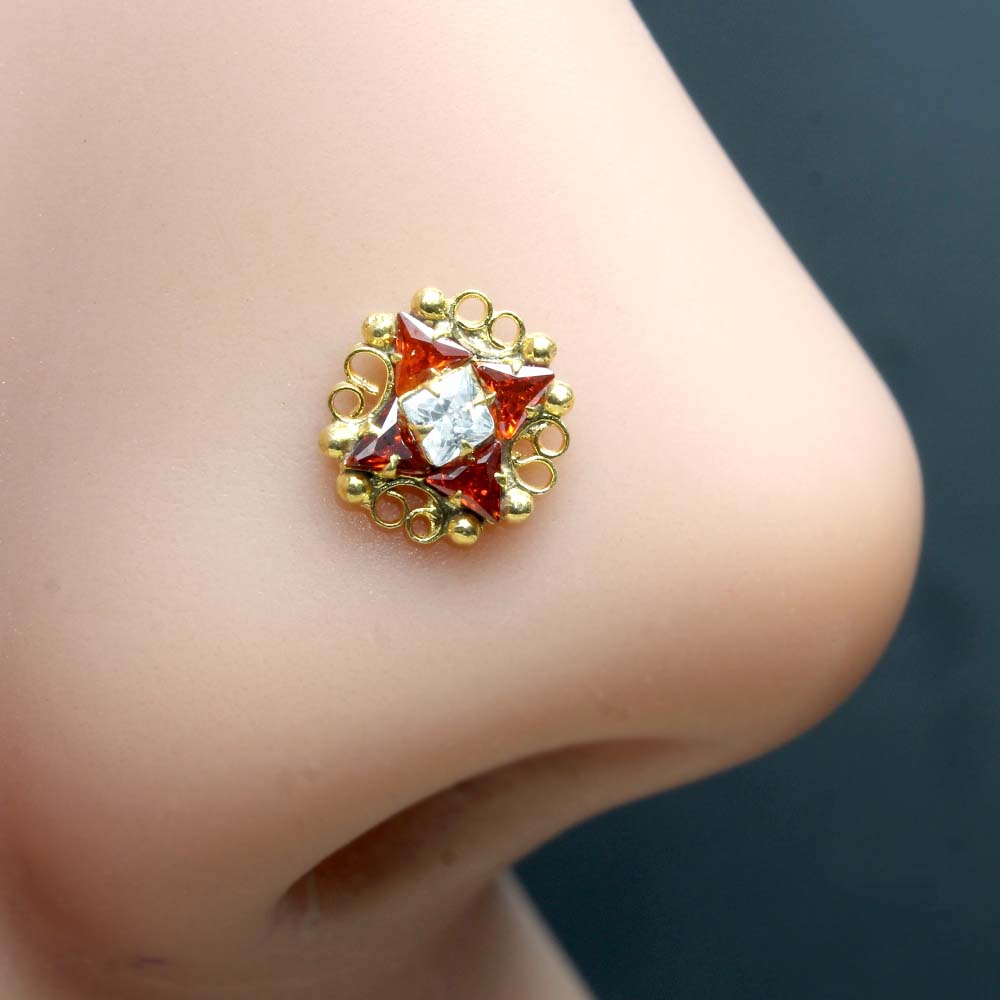 Gold Plated Nose Stud orange White CZ Twisted nose ring 24g