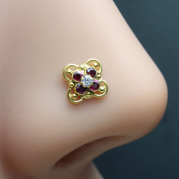 Asian Style Gold Plated Nose Stud Pink White CZ Twisted nose ring 24g