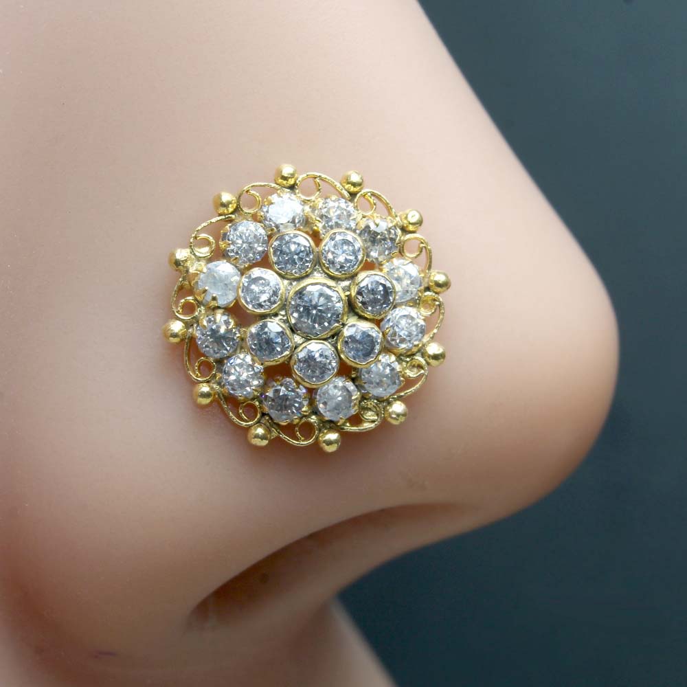 Statement Gold Plated Nose Stud White CZ Twisted nose ring 24g