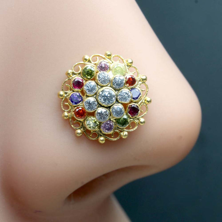 Big Statement Gold Plated Nose Stud Multi CZ Twisted nose ring 24g