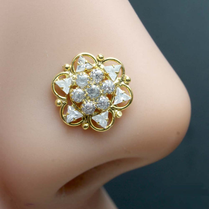 Cute Floral Gold Plated Nose Stud White CZ Twisted nose ring 24g