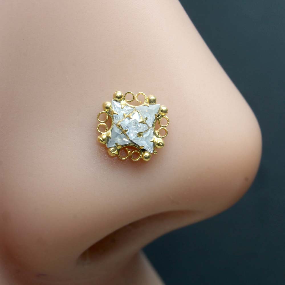 Floral Gold Plated Nose Stud White CZ Twisted nose ring 24g