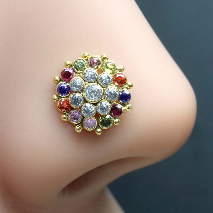 Indian Style Gold Plated Nose Stud Multi CZ Twisted nose ring 24g