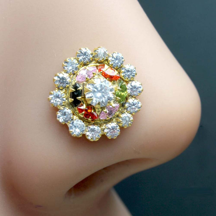 Big Multicolor Gold Plated Nose Stud CZ Twisted nose ring 24g