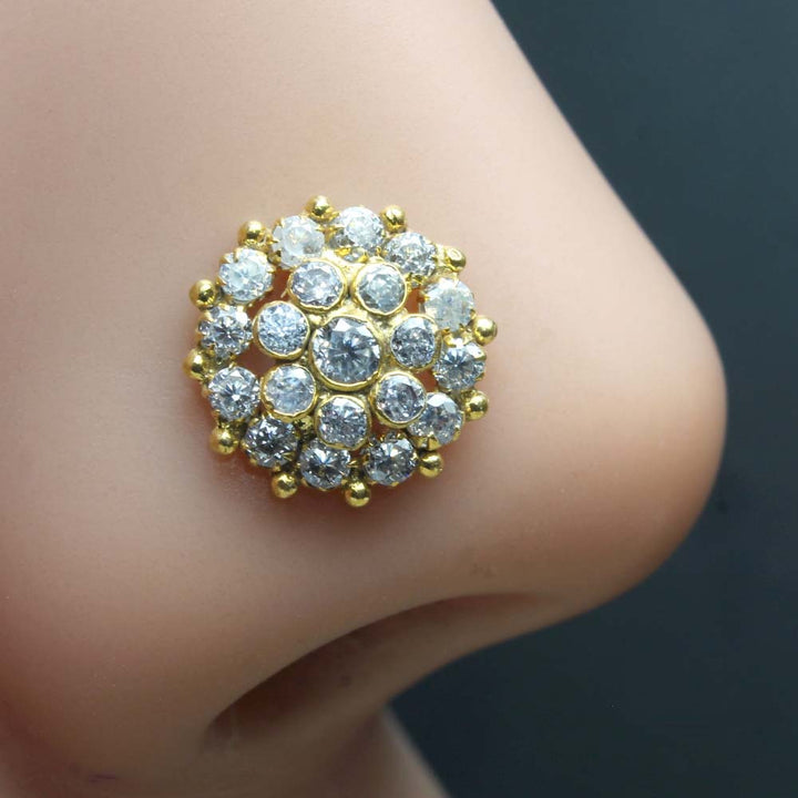 Indian Women Gold Plated Nose Stud White CZ Twisted nose ring 24g
