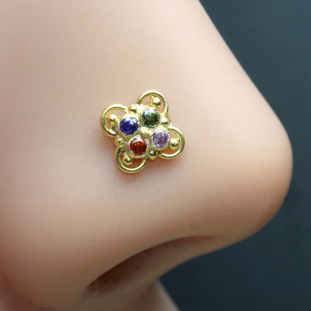 Floral Multicolor Gold Plated Nose Stud CZ Twisted nose ring 24g