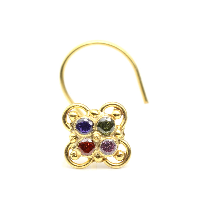 Floral Multicolor Gold Plated Nose Stud CZ Twisted nose ring 24g