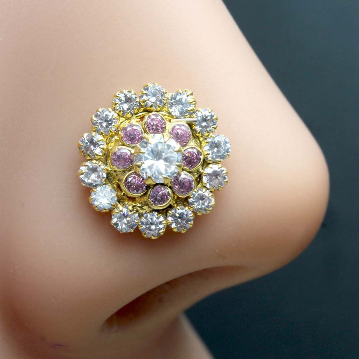 Indian Big Gold Plated Nose Stud CZ Twisted nose ring 24g
