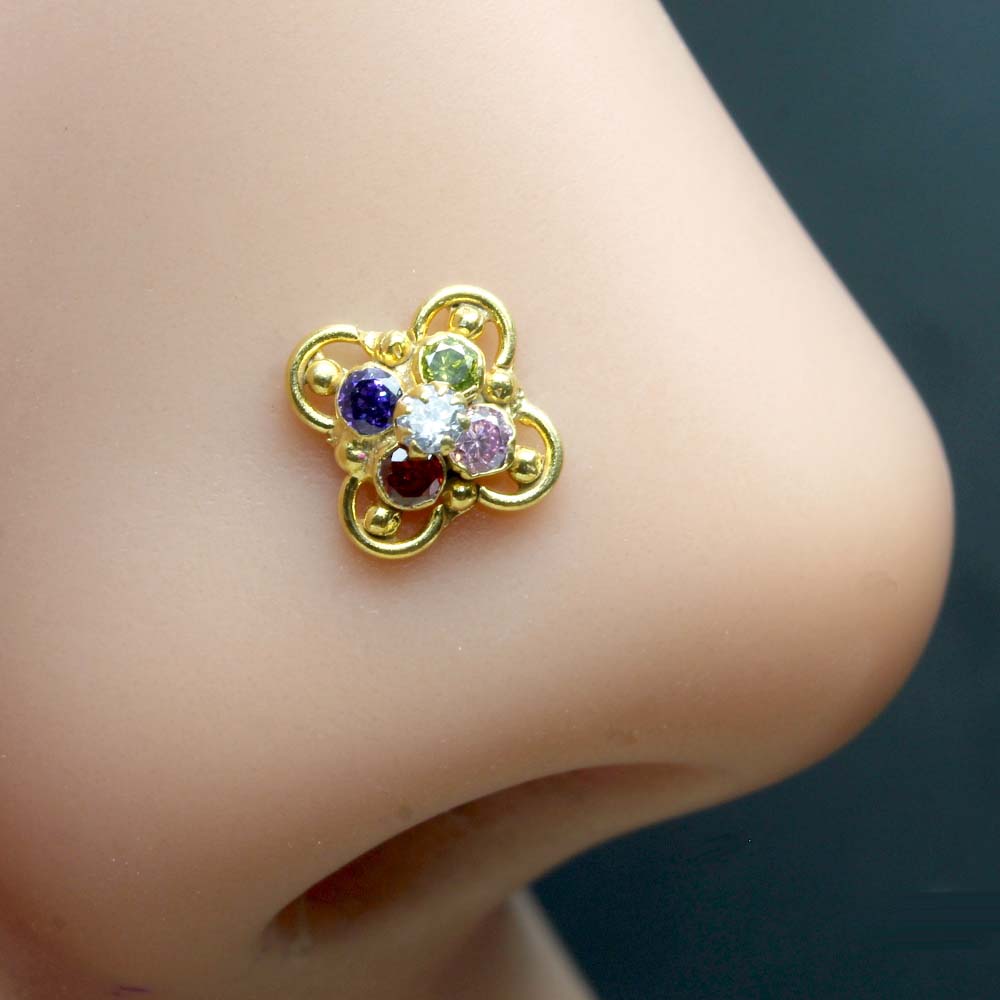 Asian Gold Plated Women Nose Stud Multi CZ Twisted nose ring 24g