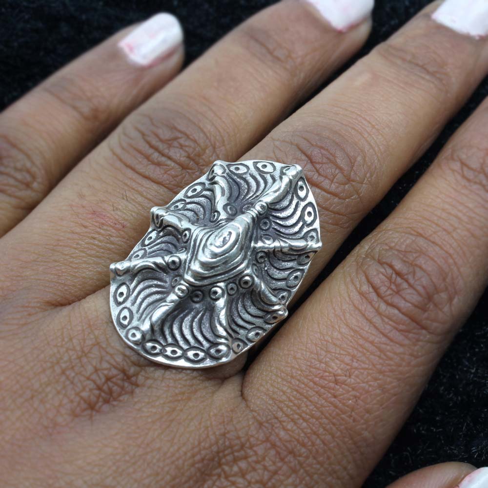 Tribal square hand engraved textured Real Sterling Silver Ring adjustable