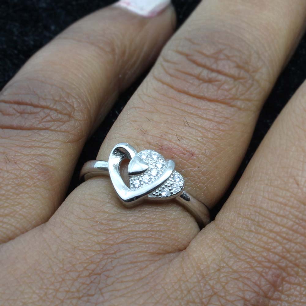 925 Sterling Heart Shape Silver Ring White CZ Studded Platinum Finish