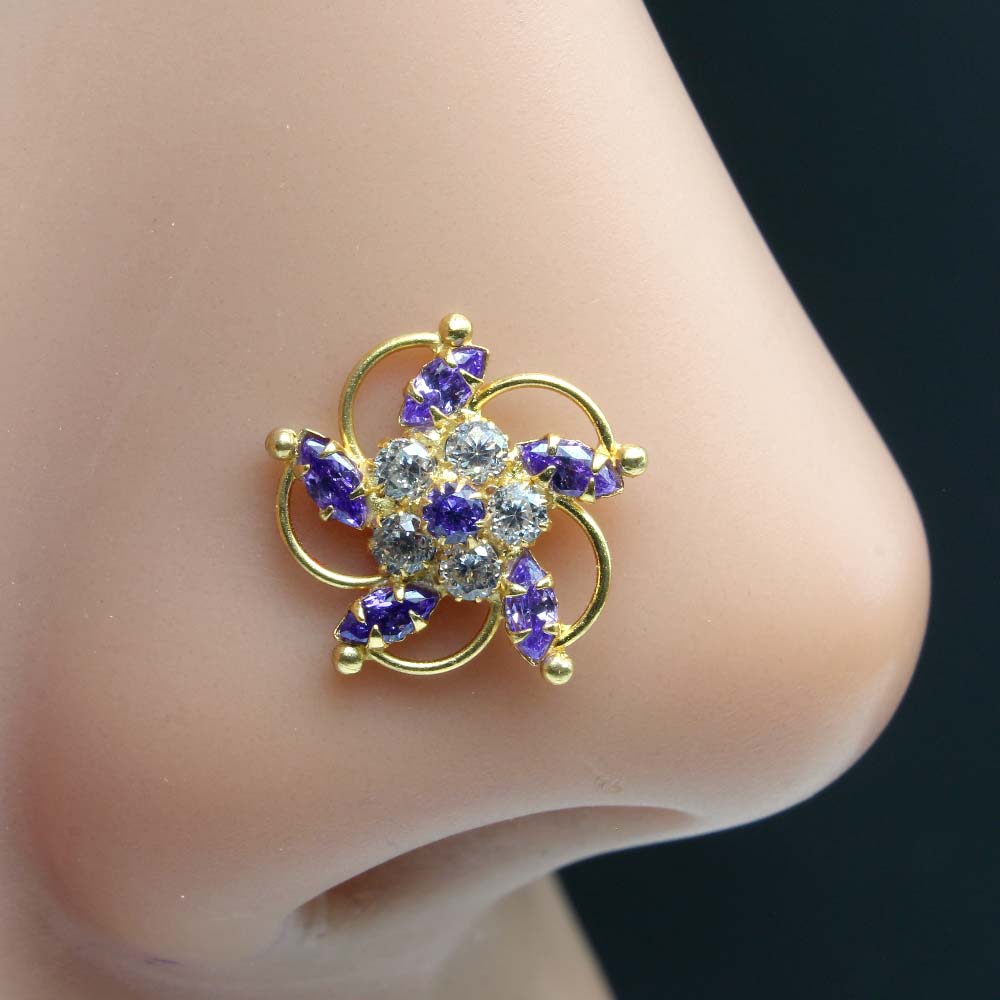Indian Gold Plated Nose Stud Violet White CZ Twisted nose ring 20g