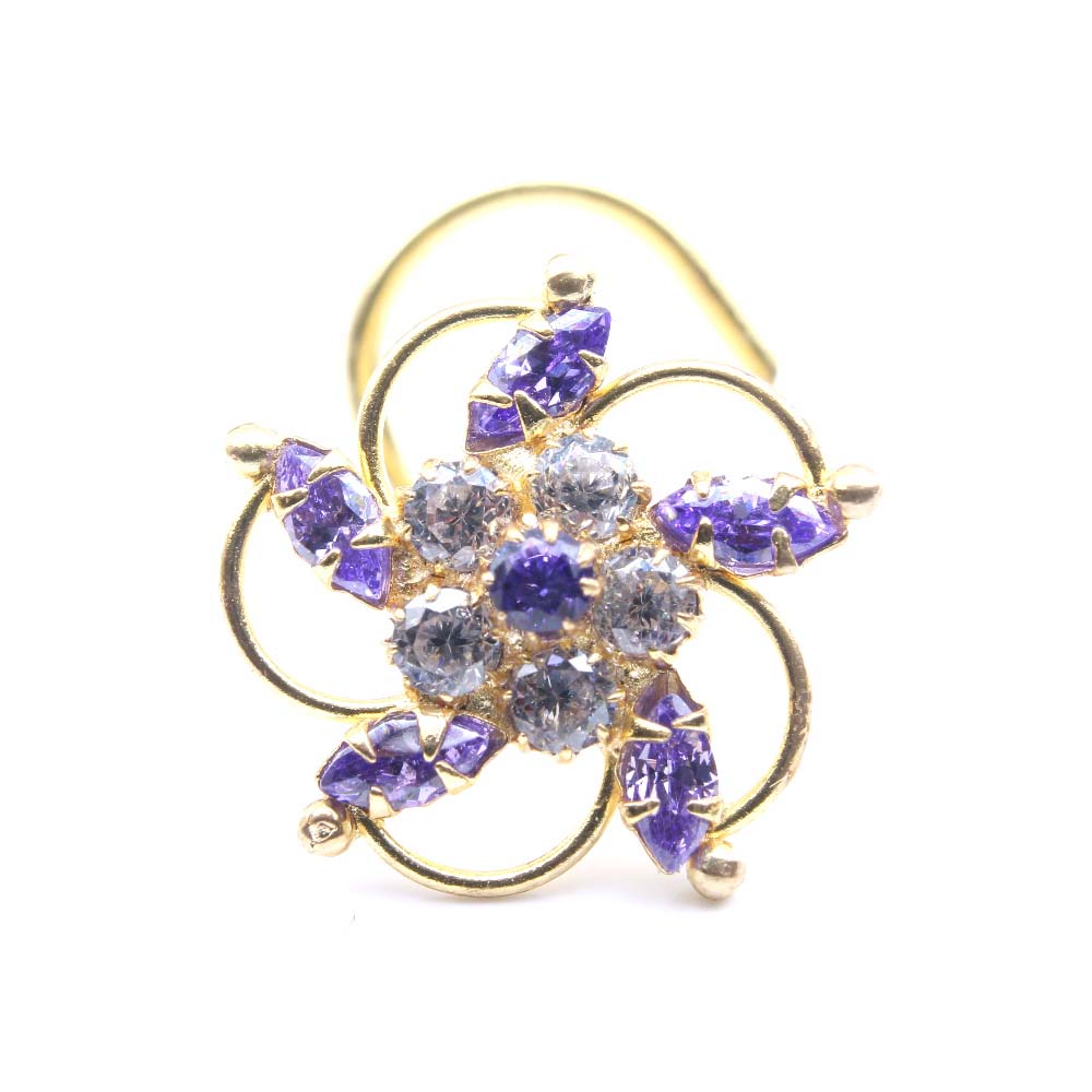 Indian Gold Plated Nose Stud Violet White CZ Twisted nose ring 20g