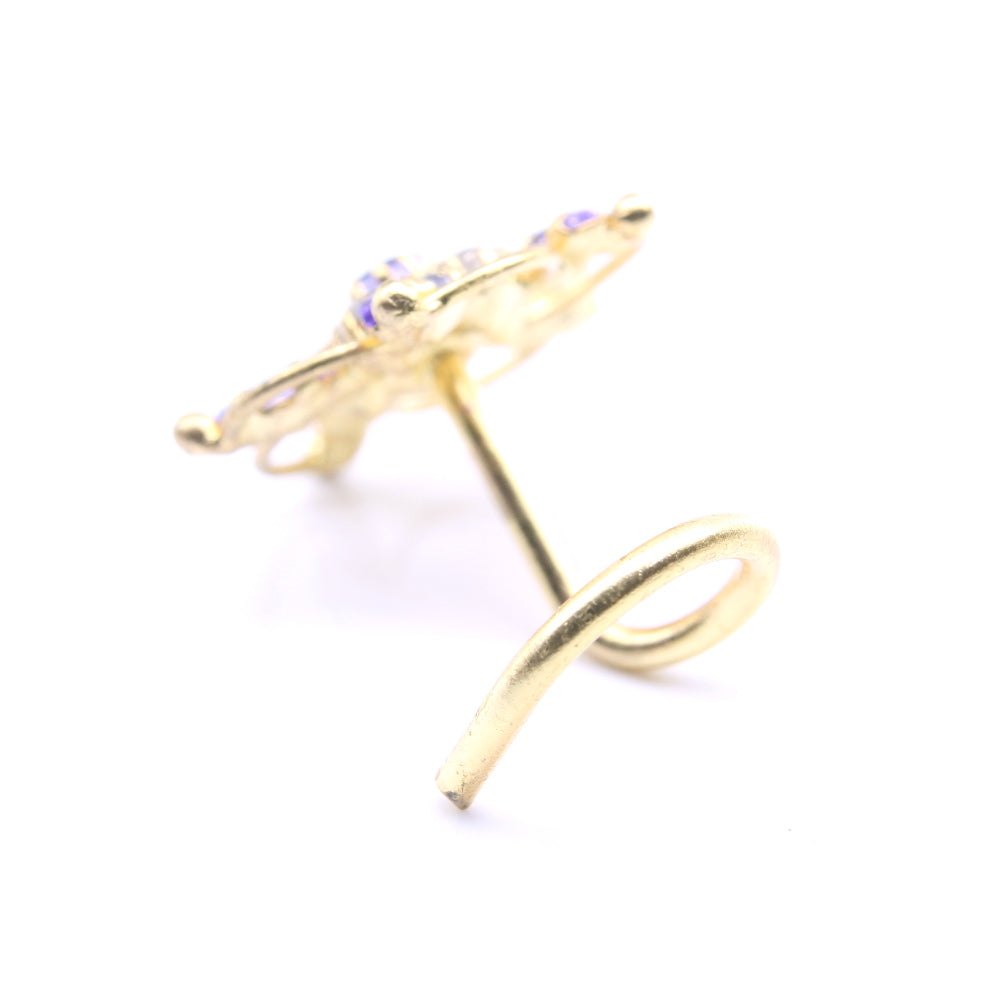 Indian Gold Plated Nose Stud Violet White CZ Twisted nose ring 20g