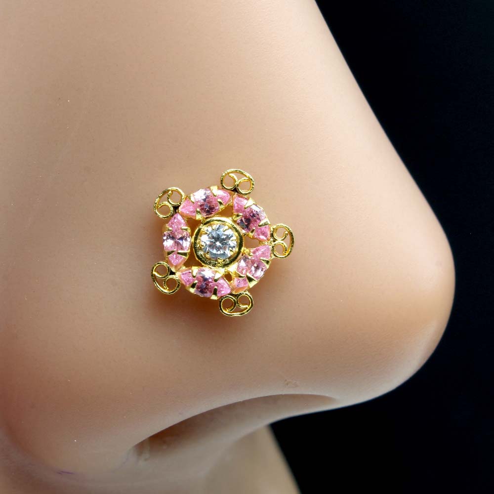 Ethnic Style Gold Plated Nose Stud Pink White CZ Corkscrew nose ring 20g