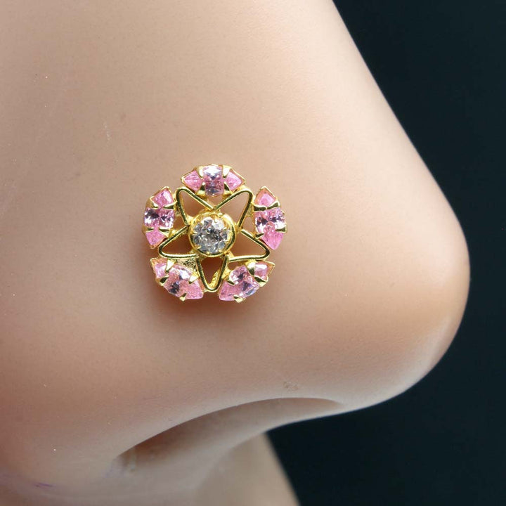 Floral Style Gold Plated Nose Stud Pink White CZ Twisted nose ring 20g