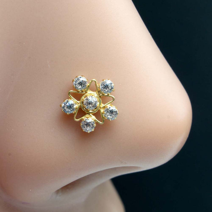 Indian Style Gold Plated Nose Stud White CZ Twisted nose ring 20g
