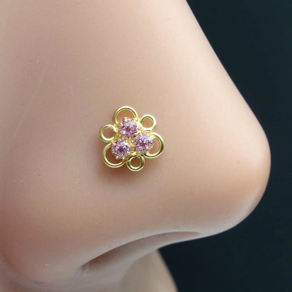 Tiny Indian Gold Plated Nose Stud Pink CZ Twisted nose ring 20g