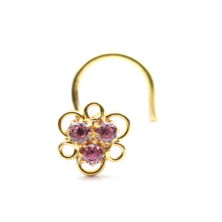 Tiny Indian Gold Plated Nose Stud Pink CZ Twisted nose ring 20g